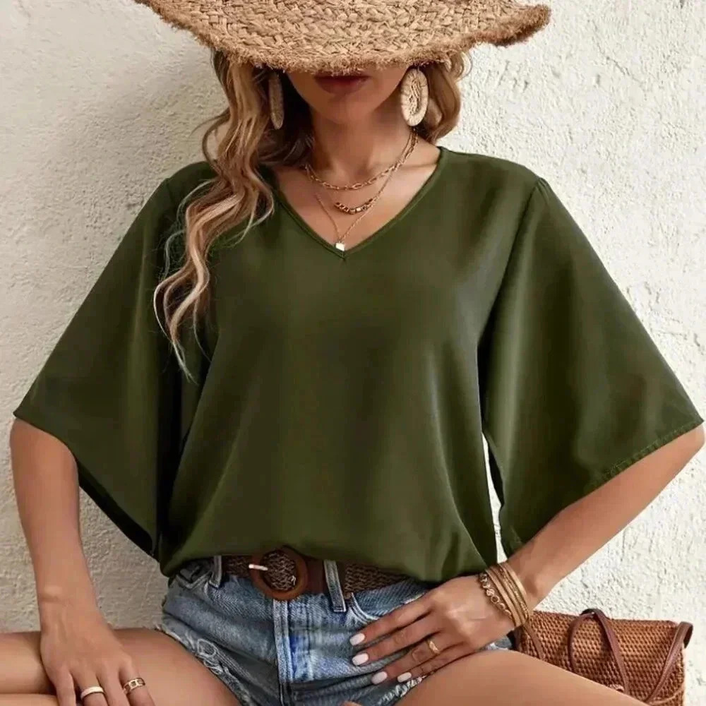 V-neck Blouse (Color: Army Green)